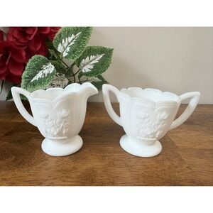 Imperial Glass Milk Glass Creamer and Sugar Set – Paneled Rose Design‎